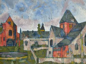 Jean Besnard, Circa 1970's, a scene of buildings in a city, oil on board, 30" x 40" (76 x 102cm).