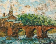 F. Gore, A Continental river bridge with a church beyond, oil on board, signed, 16" x 20", (40.