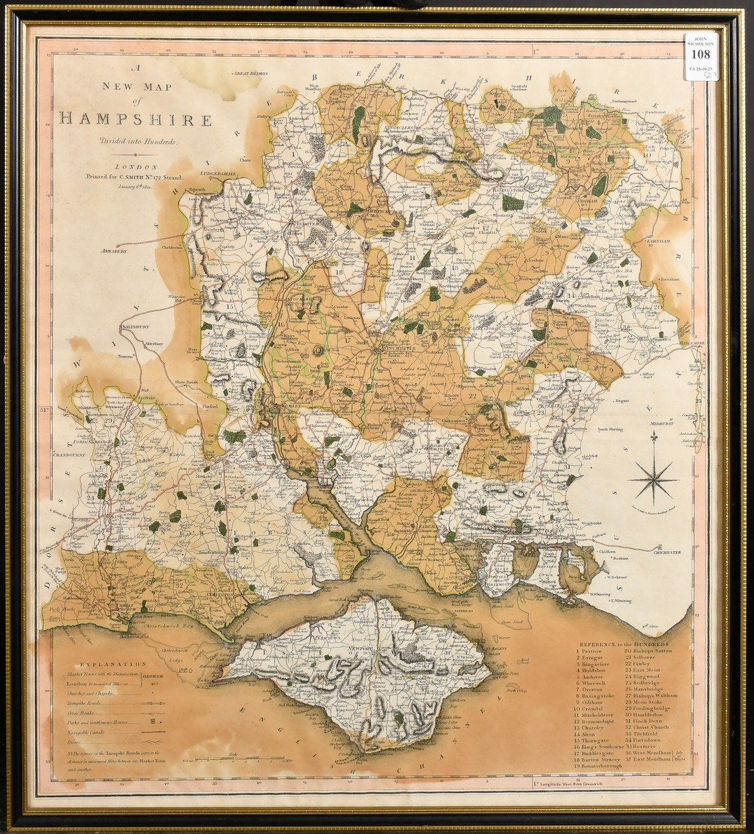 C. Smith (early 19th Century) A hand coloured engraved map of Hampshire, 19" x 17", (48.5x43cm) - Image 3 of 4