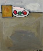 Knut, 20th Century, a modernist still life of objects on a table, oil on canvas, signed, 25.5" x