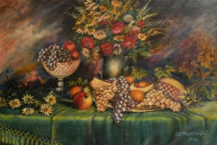 W. Karinsky, Circa 1930, a still life of fruit and flowers on a tabletop, oil on canvas, signed,
