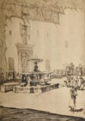 David Robertson (1834-1925), figures in a Continental square around a fountain, etching, signed in