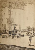 David Robertson (1834-1925), figures in a Continental square around a fountain, etching, signed in