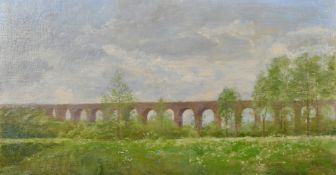 Fred Dubery (1926-2011), Chapell Viaduct, Essex, oil on board, signed with initials, 12" x 22" (30 x