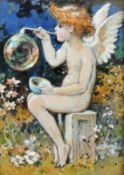 Attributed to Coleman, Circa 1890, a study of a winged cherub blowing bubbles, watercolour, 4.25"