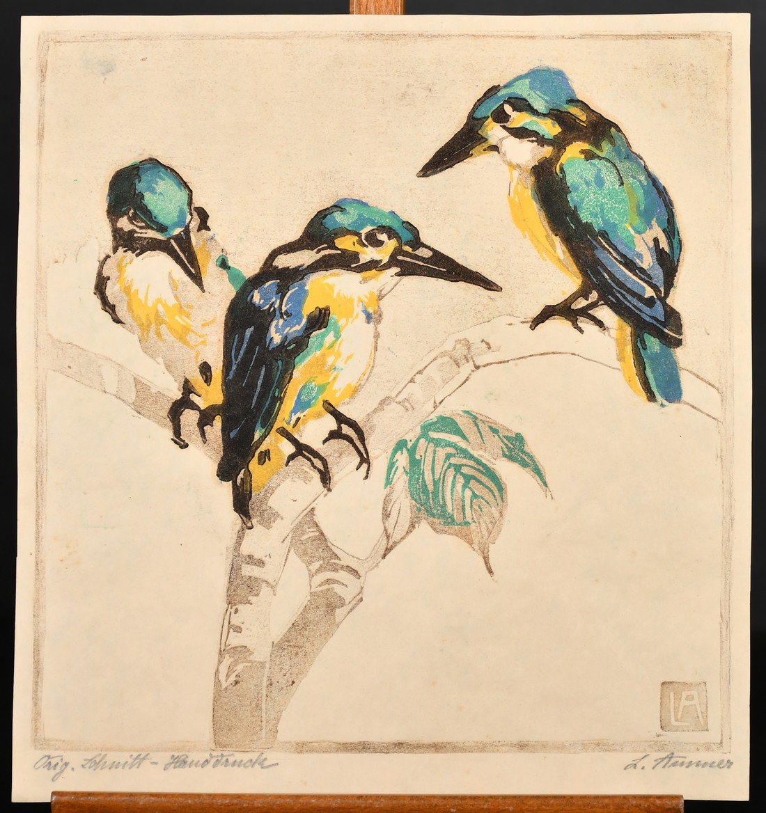 Karoline / Lina Ammer (1871-1935) German, woodpeckers, colour woodcut, signed and inscribed in - Image 2 of 3