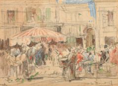 William Lee-Hankey (1869-1952), figures in a busy Continental marketplace, watercolour, signed in