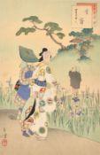 Toshiaka (1866-1908) Japanese, 'Iris Garden', woodblock print, 12.5" x 8.25" (32 x 21cm).