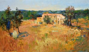 Van Den Bussche (20th Century), building in a Southern landscape, oil on board, signed, 24" x 42" (