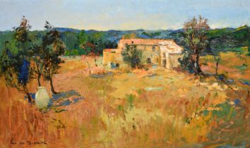 Van Den Bussche (20th Century), building in a Southern landscape, oil on board, signed, 24" x 42" (