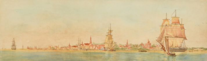 Attributed to Harold Wyllie, Coastal scene with Tall ships and other craft, coloured etching, 4.