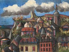 Jean Besnard, Circa 1970's, a scene of buildings in a city, oil on board, 35.5" x 47.5" (90 x