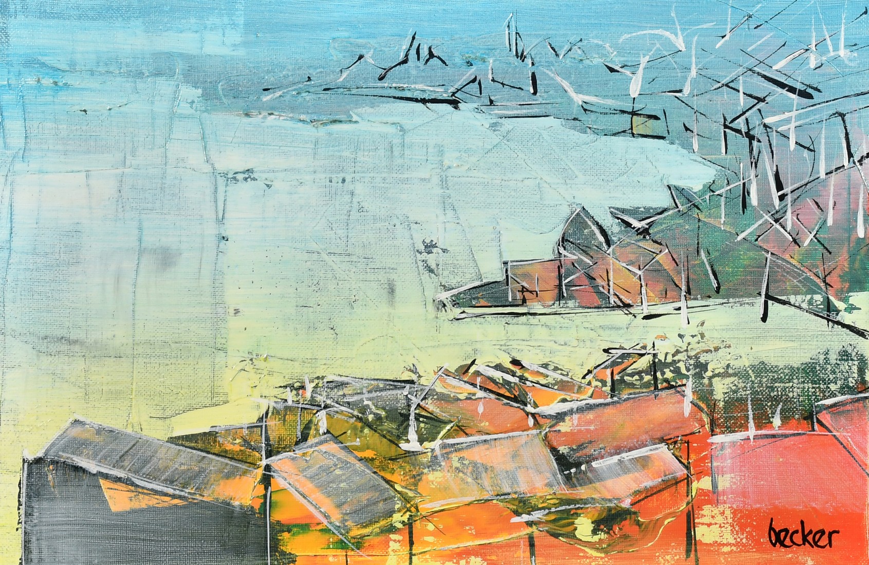 Becker, Continental School, Circa 1998, a semi-abstract coastal landscape, oil on canvas, signed,