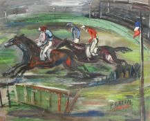 P. Bazin, French School, a scene of horse racing, oil on paper, signed, 20" x 25" (51 x 64cm).