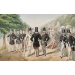 A. M. 19/20th Century, A gathering of predominantly gentlemen conversing in a park, watercolour,