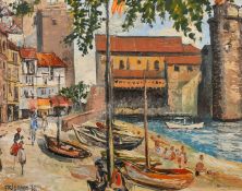 Frigara, Circa 1974, a view of Basque port, oil on card, signed, 15" x 19" (38 x 48cm).