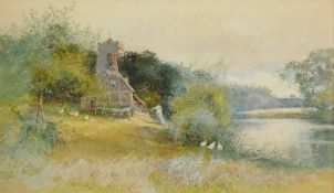 Thomas Mackay (1851-1920), female figure working the land by a riverside cottage with ducks