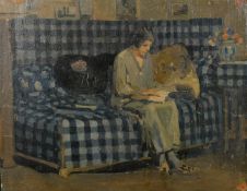 Early 20th Century French School, study of a female figure reading a book in an interior, oil on