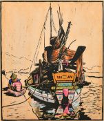 South East Asian School, a coloured woodblock of a traditional ship moored on a quay, indistinctly