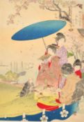 Gekko Ogata (1859-1920) Japanese, 'Viewing Cherry Blossoms', woodblock print, 12.5" x 8.5" (32 x