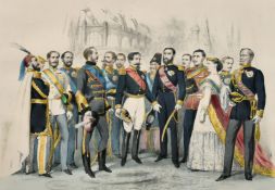 After Vernier, A 19th Century hand coloured lithograph of Napoleon III and his entourage at an