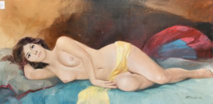 Lajos Fuzesil, 20th Century, a reclining female nude, oil on canvas, indistinctly signed, 19.75" x