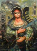 Polimeno, 20th Century Continental School, a female figure in front of a gondola and buildings,