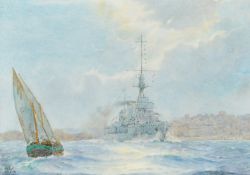 Harold Swanwick, Circa 1922, 'H.M.S. Cordelia Leaving Malta, Valetta Harbour', watercolour, signed