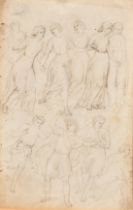 Circle of John Flaxman, an ink drawing of classical figures, with a similar pencil drawing verso, 7"