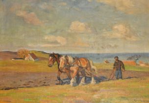Borge Christoffer Nyrop (1881-1948) Danish, Early 20th Century, a figure and horses ploughing fields