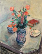 Mid-20th Century French School, a still life of flowers and other objects on a tabletop, oil on