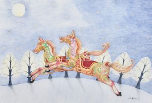 Jess Knowles, 'Moonlight Gallopers', colour pencil drawing, signed, artists card verso, 12.75" x