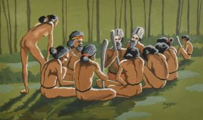 R. Wakelin, A group of seated Aboriginal Australians, watercolour and gouache, signed, 11" x 18.75",