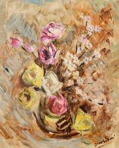 Angorini, Continental School, a still life of flowers, oil on panel, signed, 28.75" x 24" (73 x