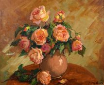 P. Plouhinel, French School, Circa 1973, a still life of roses, oil on canvas, signed, 18" x 21.