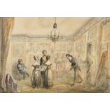 19th Century, An interior scene with figures, ink and watercolour, indistinctly signed, 14" x 8", (