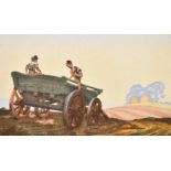 Patience Galloway (Early 20th Century), children playing on a wagon, colour woodcut, signed in