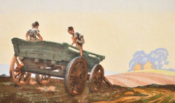 Patience Galloway (Early 20th Century), children playing on a wagon, colour woodcut, signed in