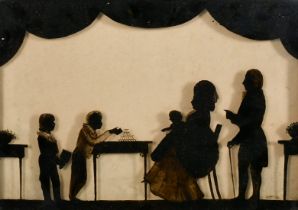 A 19th Century Silhouette of a family in an elegant interior, 9" x 12.5" (23 x 32cm).