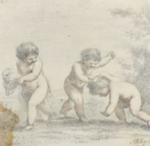 J. W. Hay, 19th Century, three cherubs playing, pencil and crayon, 6.25" x 6.25" (16 x 16cm).