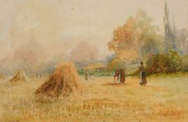 George Oyston (1861-1937), 'Harvesting' scene of figures in a field, watercolour, signed and dated