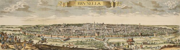 A hand coloured print of a panoramic view of Brussels 'Bruxella', 13" x 41.5" (33 x 106cm).