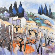20th Century French School, a Southern landscape with vines and buildings, oil on canvas,
