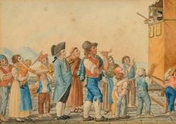 Early 19th Century, figures watching a Punch and Judy show, watercolour, 4" x 5.5" (10 x 14cm).