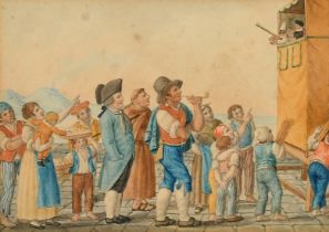 Early 19th Century, figures watching a Punch and Judy show, watercolour, 4" x 5.5" (10 x 14cm).