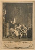 A set of four decorative prints of French boudoir scenes, each 11.25" x 8", (28.5x20.5cm), (4).