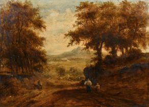 19th Century English School, wayfarers and livestock on a hillside path watching a steam train in