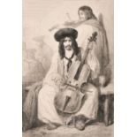 Theodore Valerio (1819-1879), a scene of two musicians with string instruments, etching, plate