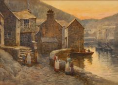 Herbert E Butler (1861-1931), figures conversing on a stone quay in a Cornish fishing village,