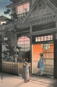 Tsuchiya Koitsu, 'Tea House Araki Street', colour woodblock, signed with red seal, 15 x 10" (38 x